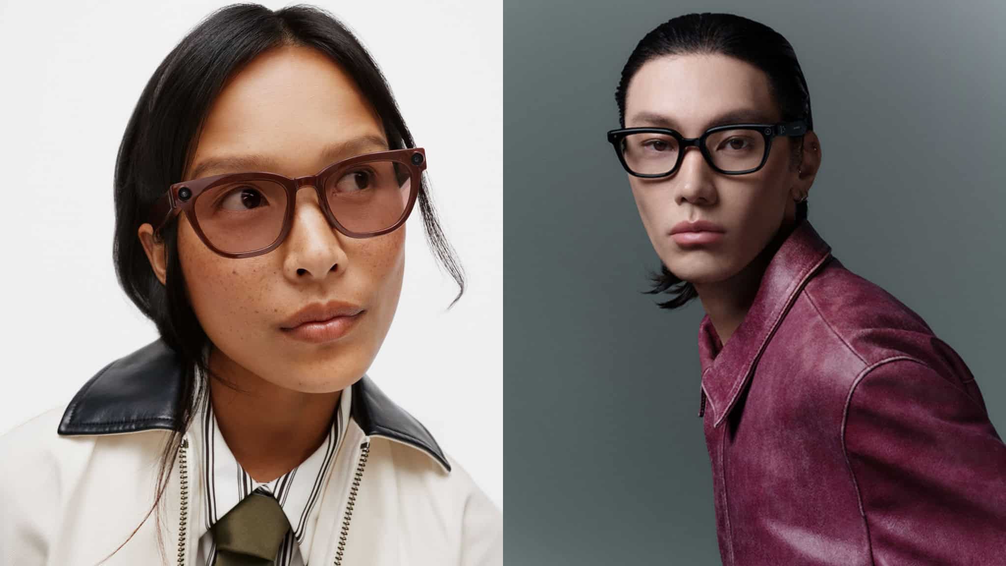 Montagem com fotos de modelos usando óculos inteligentes da Samsung desenvolvidos em parceria com o Google