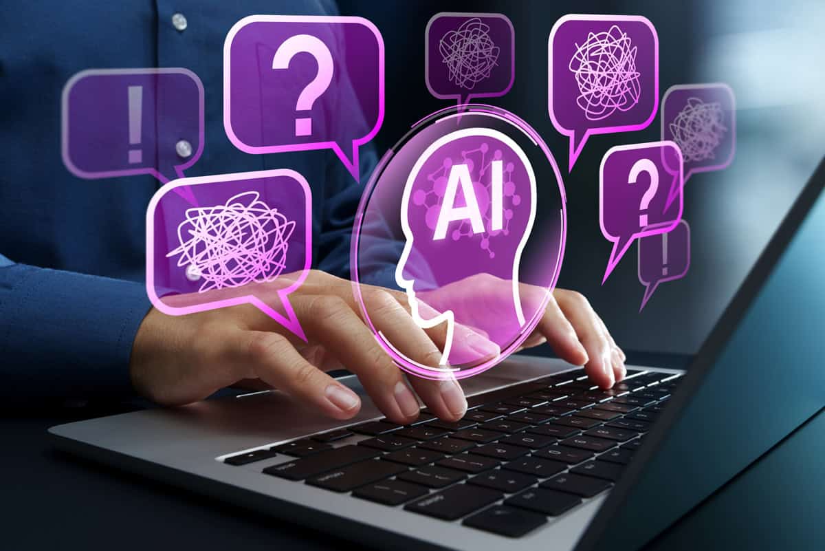 Alucinações de IA e resultados incorretos. Informações falsas e conteúdos fabricados. Empresário usando IA generativa em um laptop.