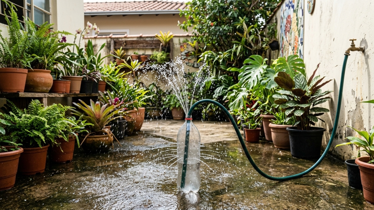 A gambiarra com uma garrafa PET na ponta da mangueira que espalha a água no quintal: pequenos furos transformam o jato forte em um chuveirinho para enxaguar piso e plantas