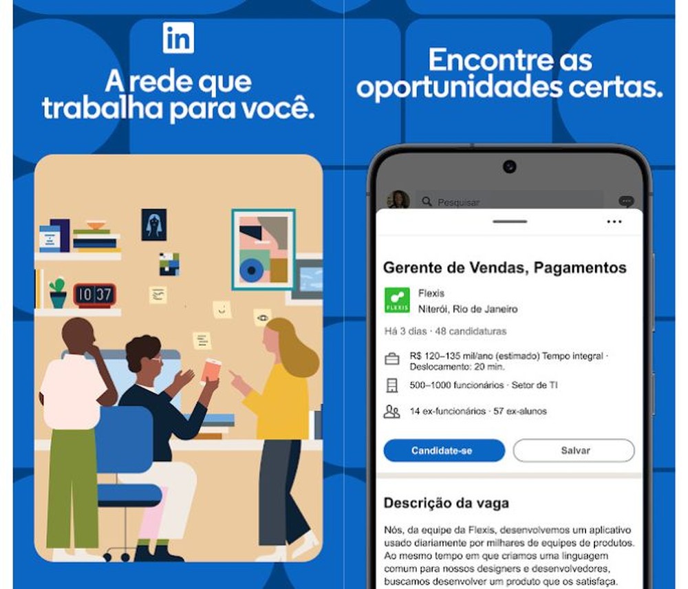 LinkedIn funciona como rede social profissional e também possui uma área dedicada à busca de empregos — Foto: Reprodução/Google Play Store