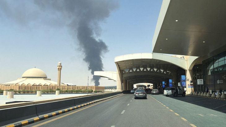 Large plume of black smoke rises from the fuel storage area at King Khalid International Airport, in Riyadh, Saudi Arabia, September 19, 2026.