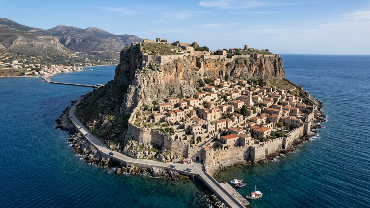 Uma cidade medieval ocupa uma rocha gigantesca que parece nascer do mar e só se conecta ao continente por uma passagem estreita