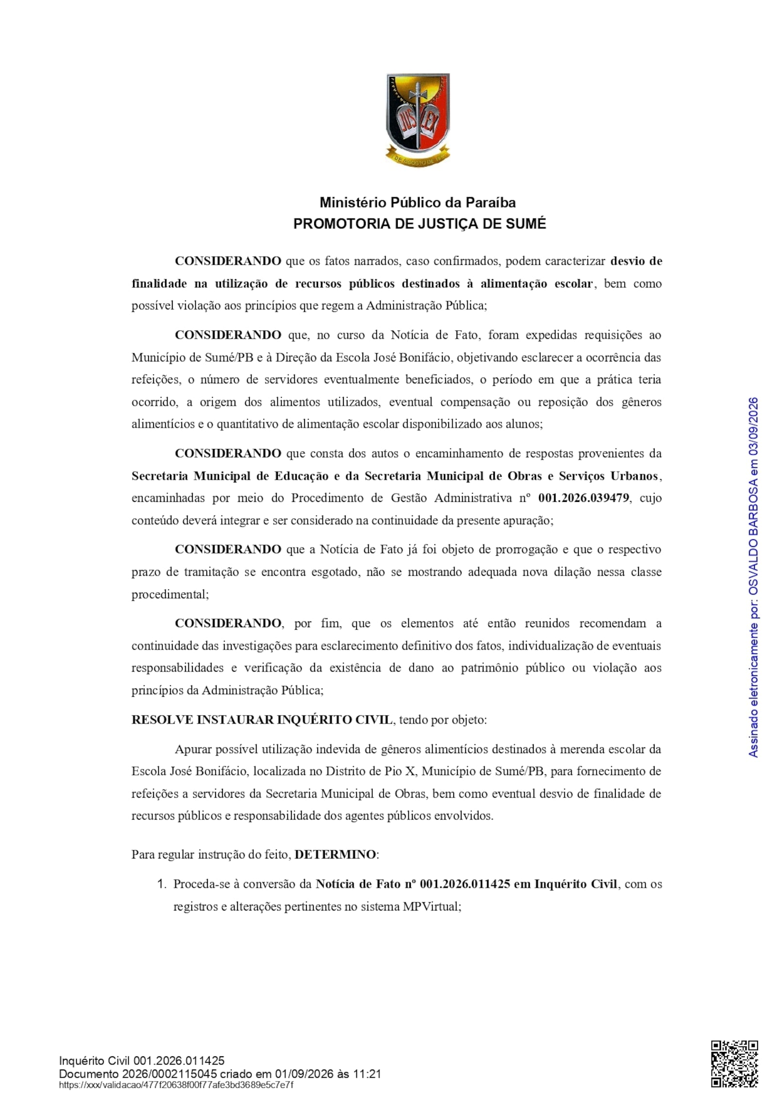 Imagem da matéria: MP investiga possível desvio de merenda escolar para alimentação de trabalhadores em Prefeitura da PB