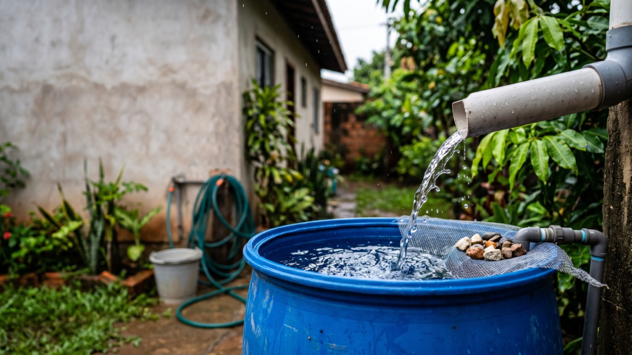 A cisterna de tambor de 200 litros com filtro de brita, areia e carvão que aproveita a água da chuva do telhado: cada 10 metros quadrados de telhado rendem 100 litros a cada chuva de 10 milímetros, e a montagem sai por menos de R$ 300
