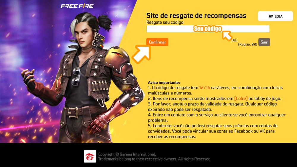 Após inserir seu Codiguin de Free Fire no site da Garena clique em Confirmar para resgatar sua recompensa — Foto: Reprodução/Rafael Monteiro