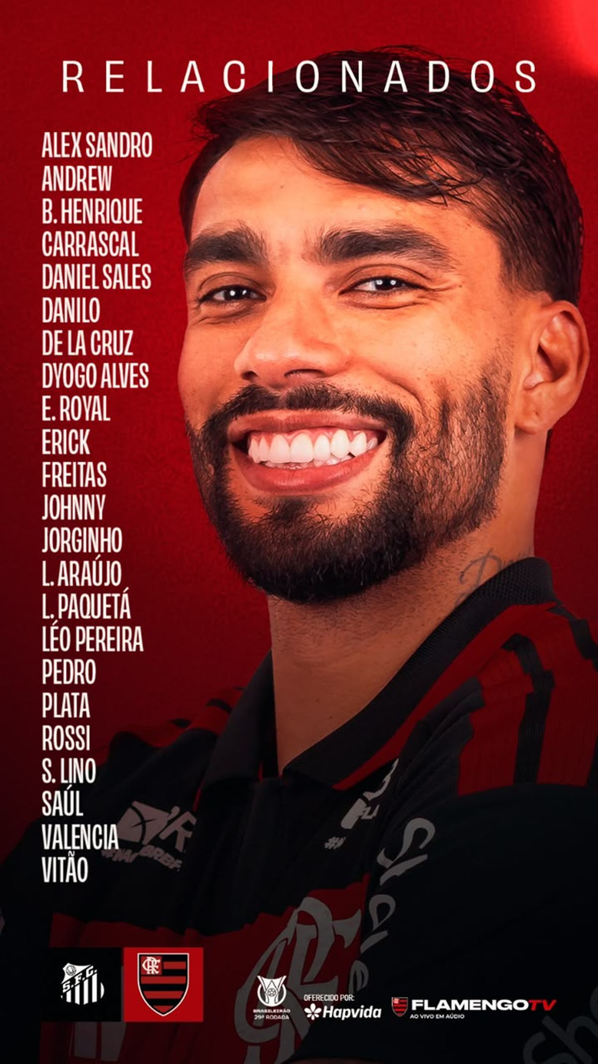 Confira os relacionados e desfalques do Flamengo para jogo contra o Santos