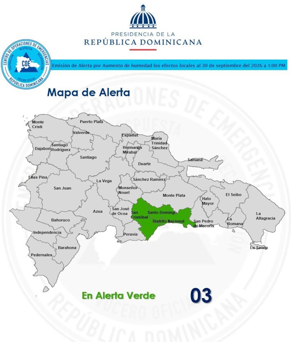 República Dominicana: Emite alerta verde em São Cristóvão, Santo Domingo e o Distrito Nacional devido às chuvas