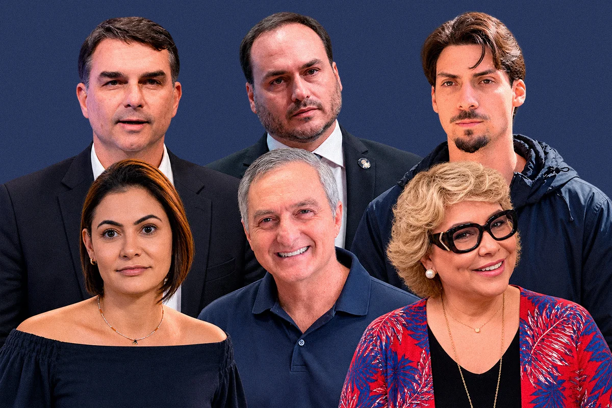 Montagem com as fotos de Flávio Bolsonaro, Carlos Bolsonaro, Jair Renan Bolsonaro, Michelle Bolsonaro, Renato Bolsonaro e Rogéria Bolsonaro