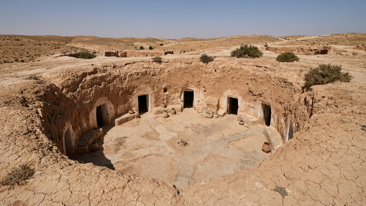 No deserto da Tunísia, famílias construíram casas para baixo em vez de para cima, cavando enormes pátios no chão e abrindo quartos diretamente nas paredes subterrâneas